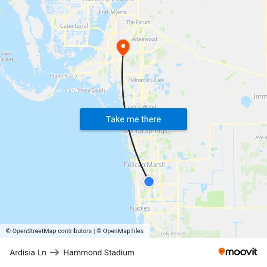 Ardisia Ln to Hammond Stadium map