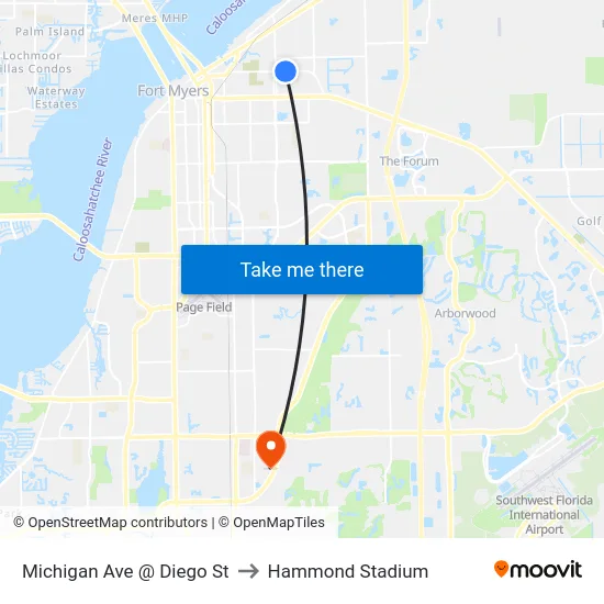 Michigan Ave @ Diego St to Hammond Stadium map