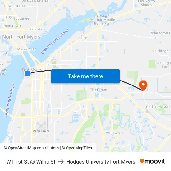 W First St @ Wilna St to Hodges University Fort Myers map