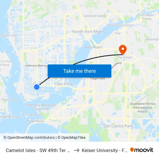 Camelot Isles - SW 49th Ter @ SW 16th Pl to Keiser University - Fort Myers map