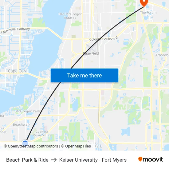 Beach Park & Ride to Keiser University - Fort Myers map