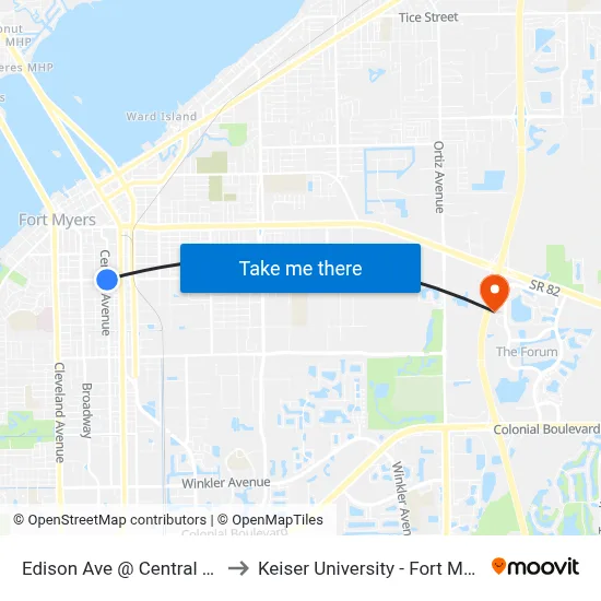 Edison Ave @ Central Ave to Keiser University - Fort Myers map