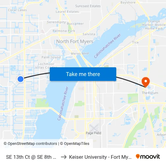 SE 13th Ct @ SE 8th Ter to Keiser University - Fort Myers map