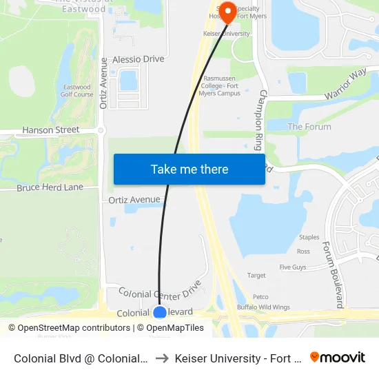 Colonial Blvd @ Colonial Ctr Dr to Keiser University - Fort Myers map