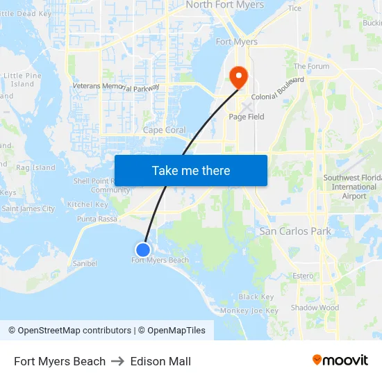 Fort Myers Beach to Edison Mall map