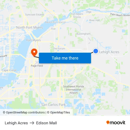 Lehigh Acres to Edison Mall map