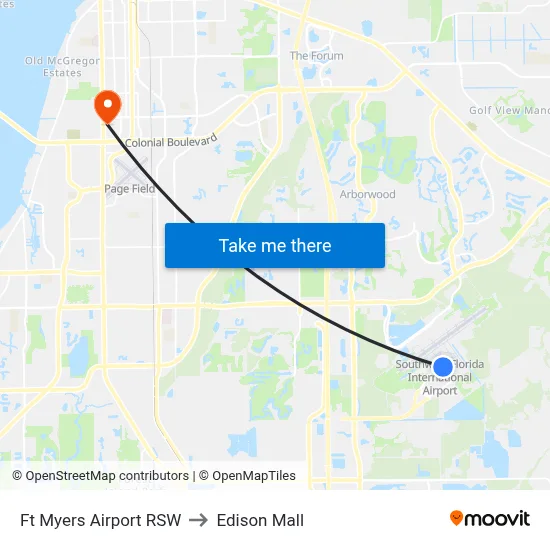 Ft Myers Airport RSW to Edison Mall map