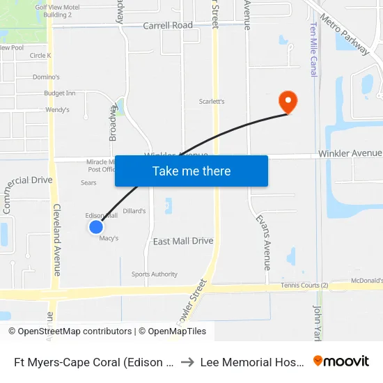Ft Myers-Cape Coral (Edison Mall) to Lee Memorial Hospital map