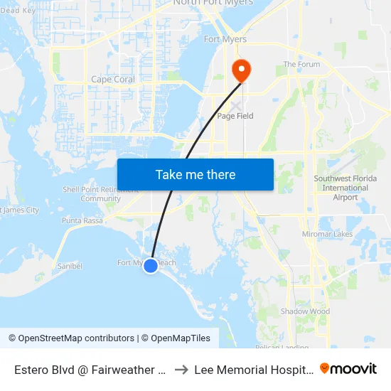Estero Blvd @ Fairweather Ln to Lee Memorial Hospital map