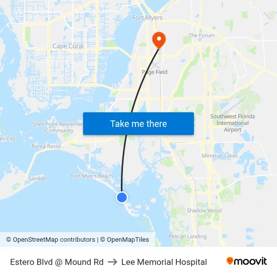 Estero Blvd @ Mound Rd to Lee Memorial Hospital map