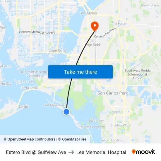 Estero Blvd @ Gulfview Ave to Lee Memorial Hospital map