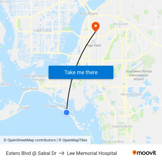 Estero Blvd @ Sabal Dr to Lee Memorial Hospital map