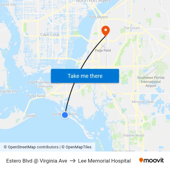 Estero Blvd @ Virginia Ave to Lee Memorial Hospital map