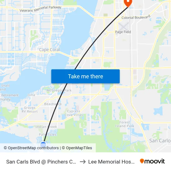 San Carls Blvd @ Pinchers Crabs to Lee Memorial Hospital map