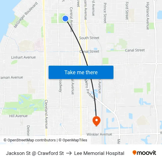 Jackson St @ Crawford St to Lee Memorial Hospital map