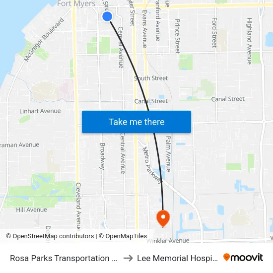 Rosa Parks Transportation Ctr to Lee Memorial Hospital map