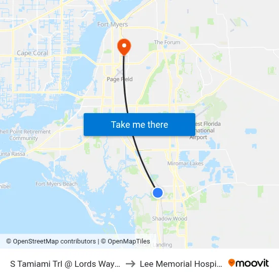 S Tamiami Trl @ Lords Way St to Lee Memorial Hospital map