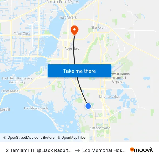 S Tamiami Trl @ Jack Rabbit Run to Lee Memorial Hospital map