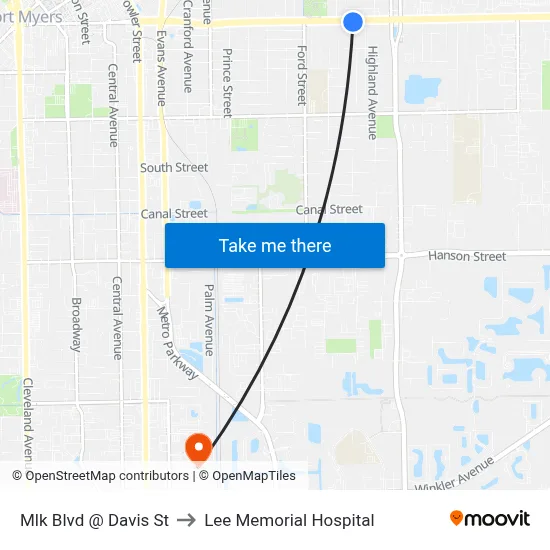 Mlk Blvd @ Davis St to Lee Memorial Hospital map