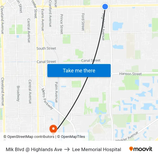 Mlk Blvd @ Highlands Ave to Lee Memorial Hospital map
