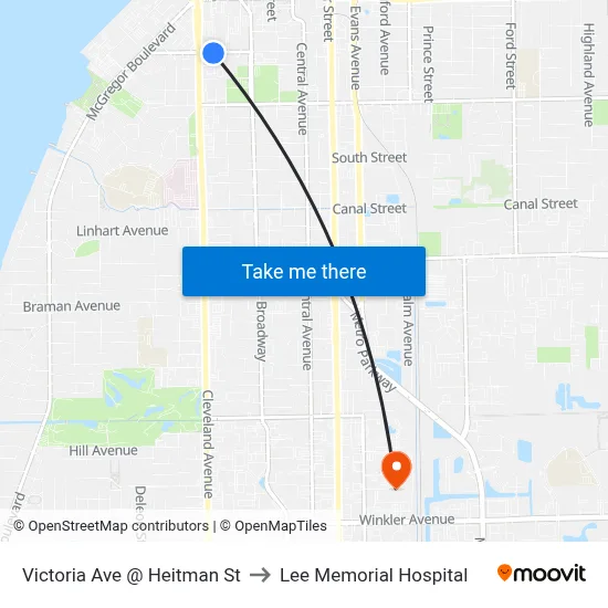 Victoria Ave @ Heitman St to Lee Memorial Hospital map