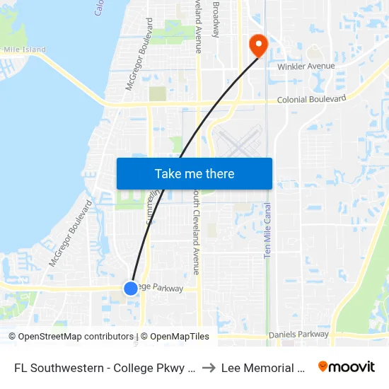 FL Southwestern - College Pkwy @ Fsw Pkwy to Lee Memorial Hospital map