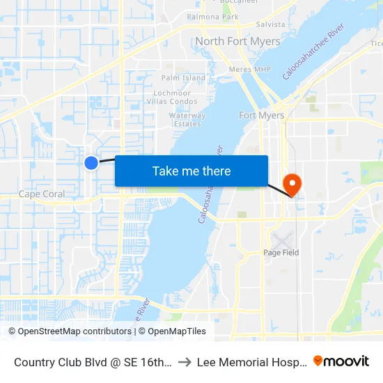Country Club Blvd @ SE 16th Ter to Lee Memorial Hospital map