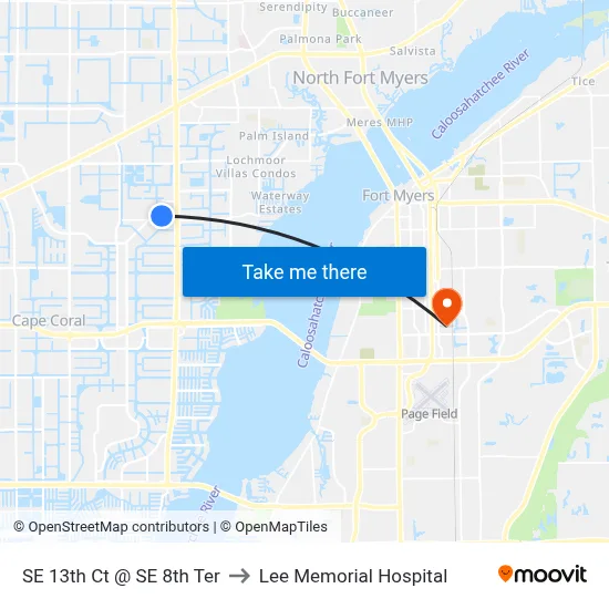 SE 13th Ct @ SE 8th Ter to Lee Memorial Hospital map