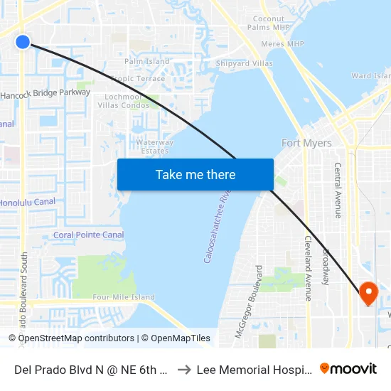Del Prado Blvd N @ NE 6th Ter to Lee Memorial Hospital map