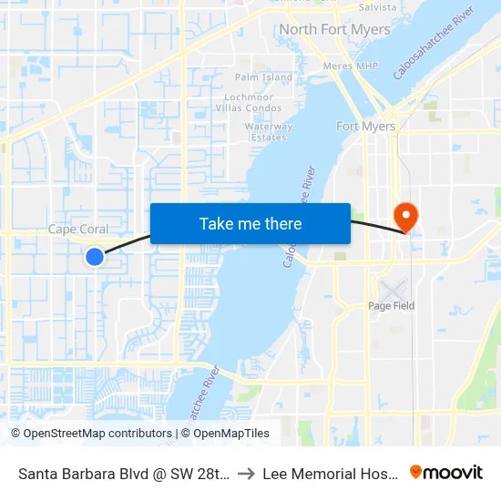 Santa Barbara Blvd @ SW 28th Ter to Lee Memorial Hospital map