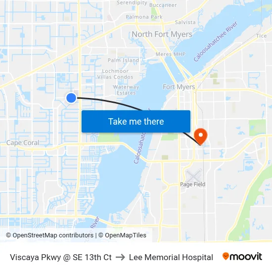 Viscaya Pkwy @ SE 13th Ct to Lee Memorial Hospital map