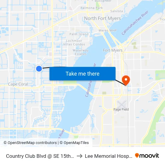 Country Club Blvd @ SE 15th Ter to Lee Memorial Hospital map