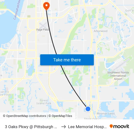 3 Oaks Pkwy @ Pittsburgh Blvd to Lee Memorial Hospital map