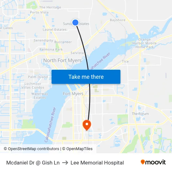 Mcdaniel Dr @ Gish Ln to Lee Memorial Hospital map