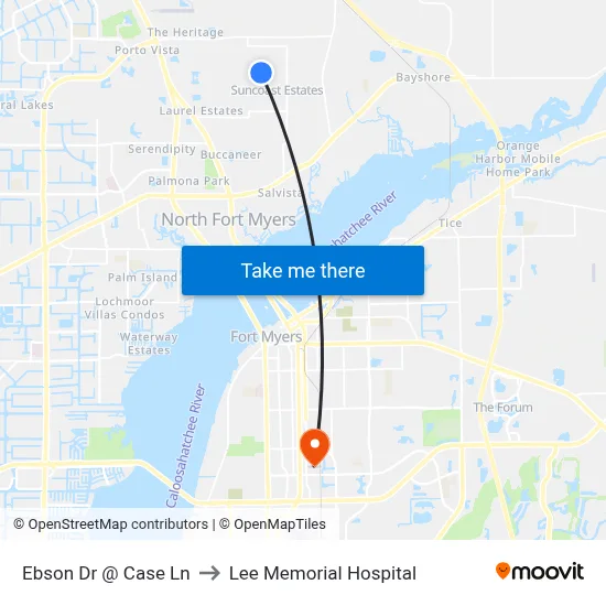Ebson Dr @ Case Ln to Lee Memorial Hospital map