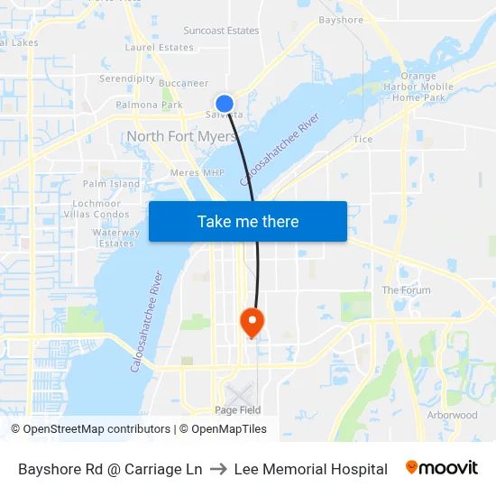 Bayshore Rd @ Carriage Ln to Lee Memorial Hospital map