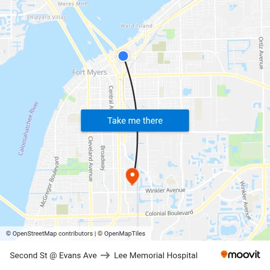 Second St @ Evans Ave to Lee Memorial Hospital map