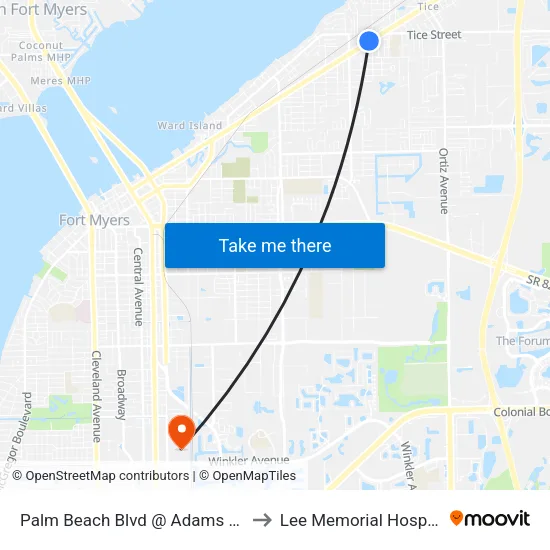 Palm Beach Blvd @ Adams Ave to Lee Memorial Hospital map
