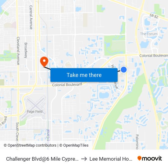 Challenger Blvd@6 Mile Cypress-Wb to Lee Memorial Hospital map