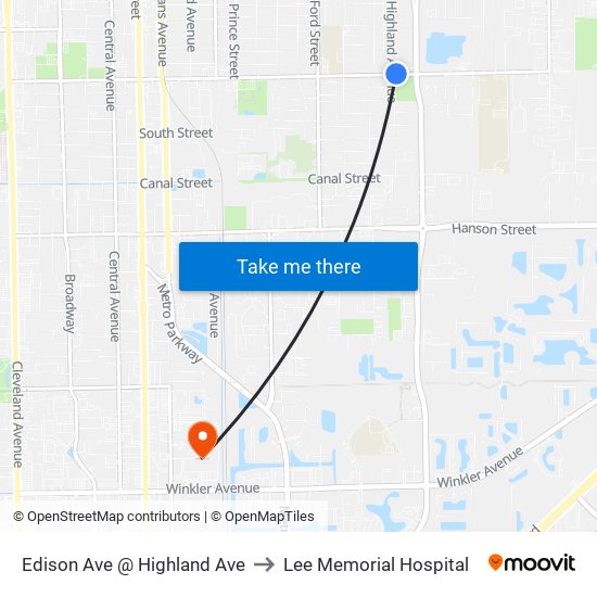 Edison Ave @ Highland Ave to Lee Memorial Hospital map