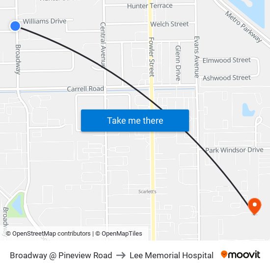 Broadway @ Pineview Road to Lee Memorial Hospital map