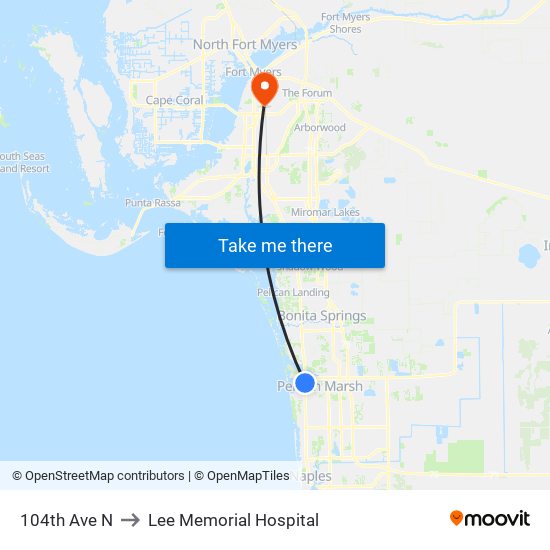 104th Ave N to Lee Memorial Hospital map