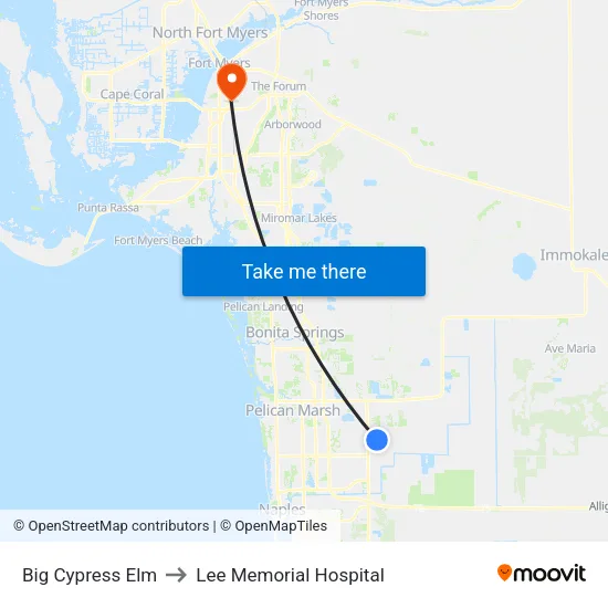 Big Cypress Elm to Lee Memorial Hospital map