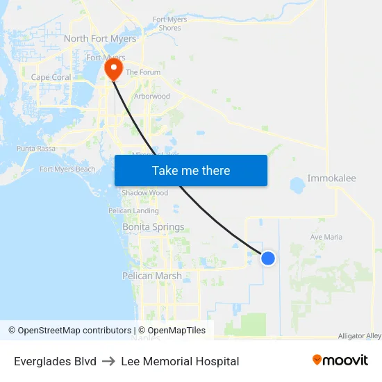 Everglades Blvd to Lee Memorial Hospital map