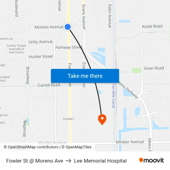 Fowler St @ Moreno Ave to Lee Memorial Hospital map