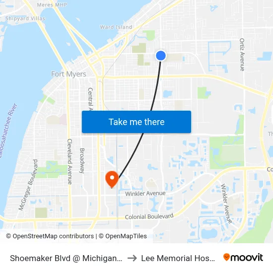 Shoemaker Blvd @ Michigan Ave to Lee Memorial Hospital map