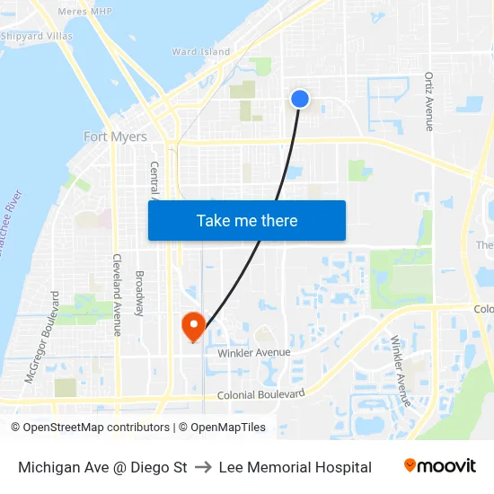 Michigan Ave @ Diego St to Lee Memorial Hospital map