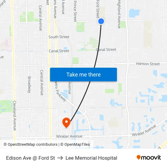 Edison Ave @ Ford St to Lee Memorial Hospital map