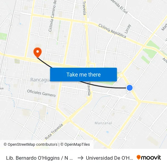 Lib. Bernardo O'Higgins / N Guzmán to Universidad De O'Higgins map