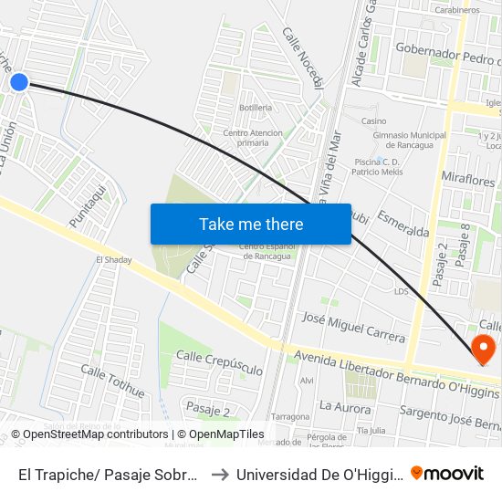 El Trapiche/ Pasaje Sobraya to Universidad De O'Higgins map